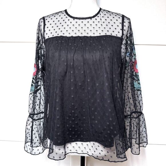 Sweet Rain Blouse Womens sz S Black Sheer Mesh Long Sleeve Floral Embroidery EUC - Picture 2 of 7